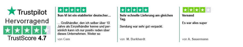 Trustpilot Banner - Bewertung von 4,7 von 5 Sternen - Kunden loben den schnellen und zuverlässigen Versand sowie die langfristige positive Zusammenarbeit