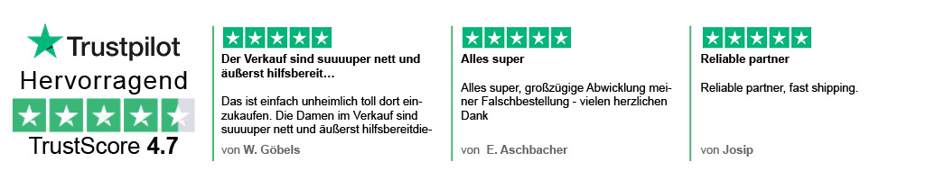 Trustpilot Banner - Bewertung von 4,7 von 5 Sternen - Kunden loben den schnellen und zuverlässigen Versand sowie die langfristige positive Zusammenarbeit