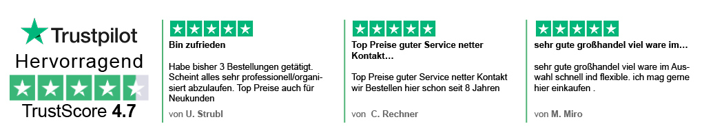 Trustpilot Banner - Bewertung von 4,7 von 5 Sternen - Kunden loben den schnellen und zuverlässigen Versand sowie die langfristige positive Zusammenarbeit