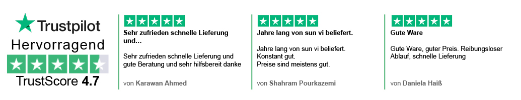 Trustpilot Banner - Bewertung von 4,7 von 5 Sternen - Kunden loben den schnellen und zuverlässigen Versand sowie die langfristige positive Zusammenarbeit