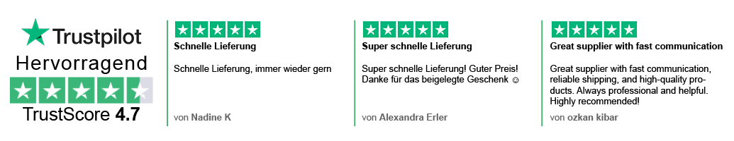 Trustpilot Banner - Bewertung von 4,7 von 5 Sternen - Kunden loben den schnellen und zuverlässigen Versand sowie die langfristige positive Zusammenarbeit