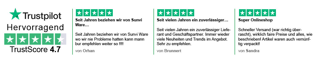 Trustpilot Banner - Bewertung von 4,7 von 5 Sternen - Kunden loben den schnellen und zuverlässigen Versand sowie die langfristige positive Zusammenarbeit