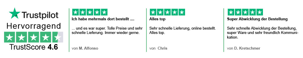 Trustpilot Banner - Bewertung von 4,7 von 5 Sternen - Kunden loben den schnellen und zuverlässigen Versand sowie die langfristige positive Zusammenarbeit