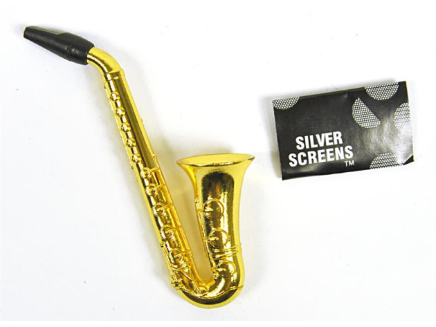 Handpfeife "Saxophon" mit 5 Sieben, 9 cm