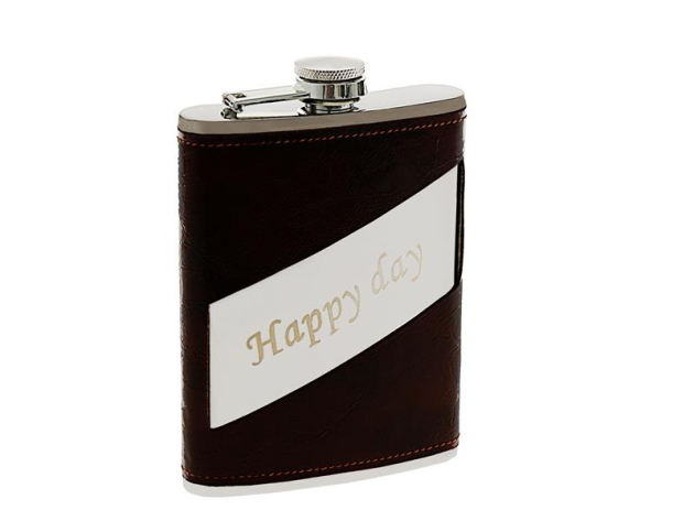 Flask "Happy Day - leather optic w/ texture" dark brown 8oz