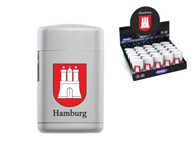 Sturmfeuerzeuge "Hamburg-Wappen" silber, blaue Flamme, 25er Display