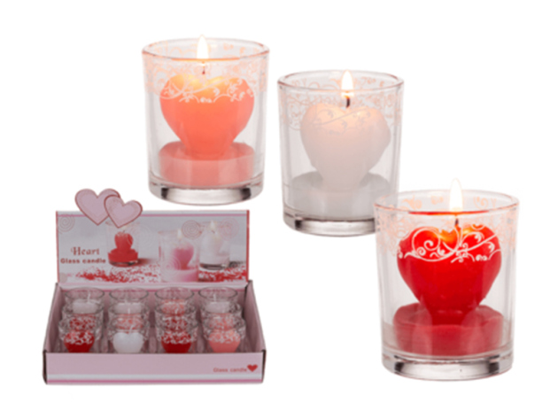 Heart-Shaped Candle in Glas with decoration, 6 x 5 cm, 3 colours assorted, 12 pcs. Display