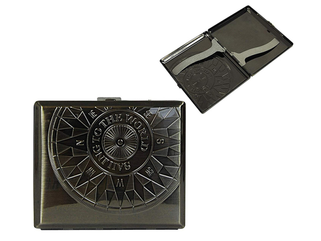 Zigarettenetui Kompass Antik Metall  mit Spange für 18 Zig. (Anthrazit)