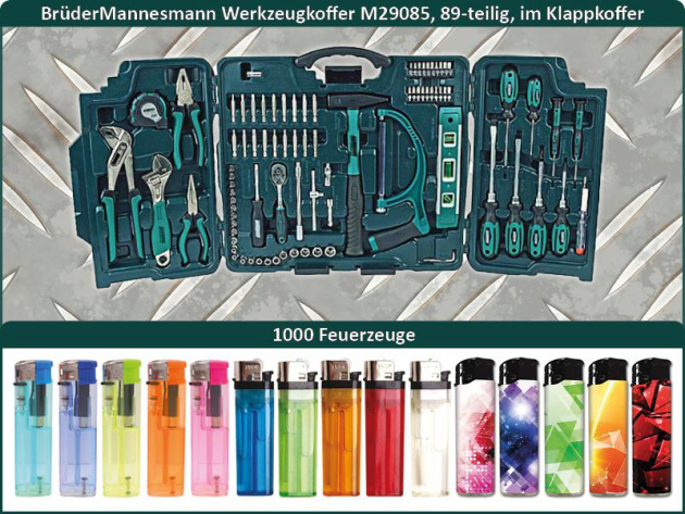 1000 Lighters + BrüderMannesmann Tool Kit M29085, 89 pieces, in folding case