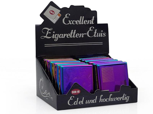 Cigarette Case display 12x "Rainbow" with clasp, capacity 20 cigarettes