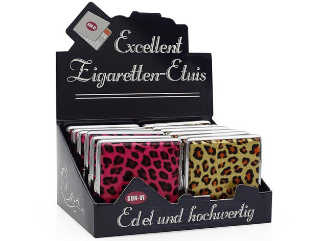 Zigarettenetui Display 12x "Leopard" mit Spange, für 20 Zig.