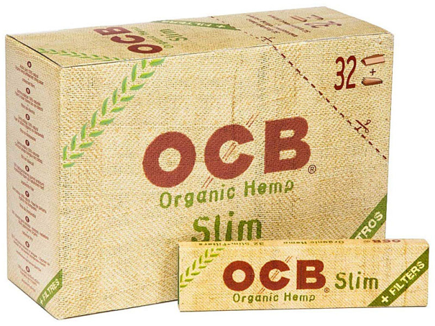 OCB KS Organic Hemp Slim + Tips, 32 booklets each 32 leaves + tips