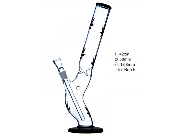 Glasbong mit S-Form und Eiskerben für gekühlten Rauchgenuss. Mit schwarzen Blättern als Logo. 42cm hoch,