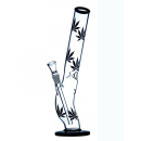 Glasbong mit S-Form und Eiskerben für gekühlten Rauchgenuss. Mit schwarzen Blättern als Logo. 42cm hoch,