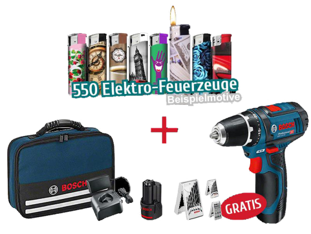 Aktion 550 Elektrofeuerzeuge + 1x Bosch Professional Akkuschrauber