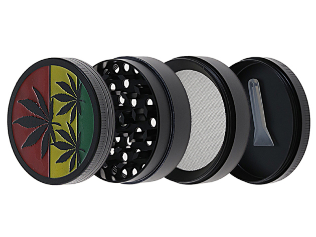 Grinder "Hanfblätter" Metall; 4-tlg.; schwarz mit farbigem Deckel; 52 x 35 mm
