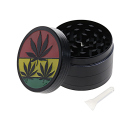 Grinder "Hanfblätter" Metall; 4-tlg.; schwarz mit farbigem Deckel; 52 x 35 mm