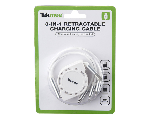 Tekmee Ladekabel USB auf USB-C, Micro-USB, Lightning "3 in 1" ausziehbar; 1m, weiß