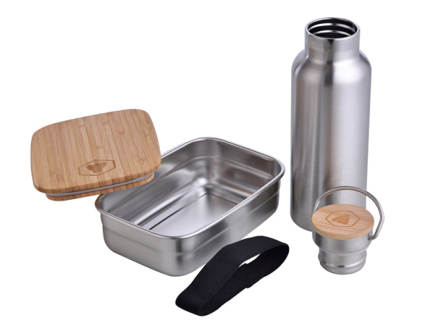 Brotdose und Trinkflasche mit Holzdeckel, UVP: 32,99 Euro