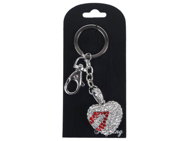 Schlüsselanhänger "Herz mit Kussmund", silber mit rot und Glitzer