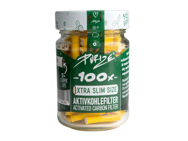 PURIZE Gelb; 100er Glas, 100 XTRA Slim Size; Aktivkohlefilter