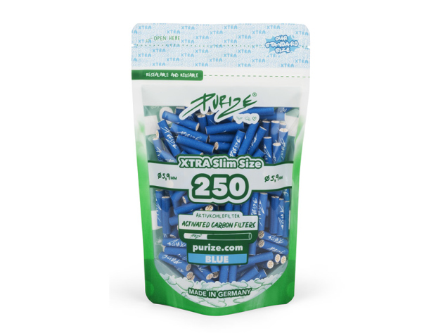 PURIZE Blau; 250er Vorratsbeutel, 250 XTRA Slim Size (ø 5,9 mm); Aktivkohlefilter