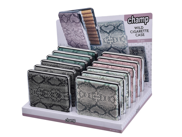 Zigarettenetui "Schlangenhaut" für 20 Zig., mit Gummiband, farbl. sort., 12er Display