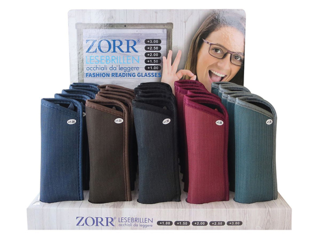 Lesebrillen "Zorr" (+1,0 bis 3,0) mit Etui; versch. Farben, 30er Display