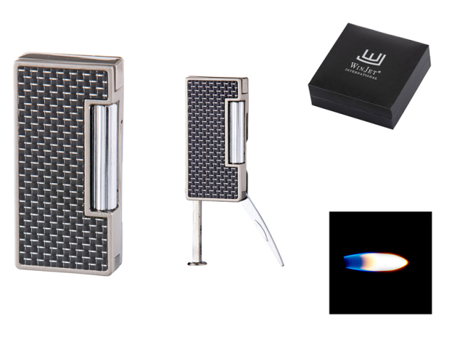 Pfeifenfeuerzeug "Carbon" Winjet; silber, mit Besteck