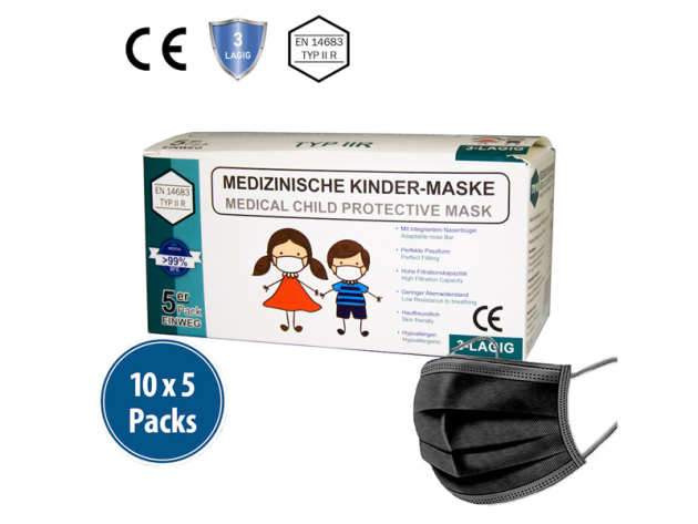 Medizinische-Kinder-Maske schwarz Typ II R 3-lagig 10x5er Box