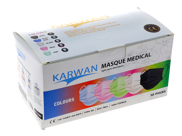 Medizinische Gesichtsmaske, Medical Typ IIR, 3-lagig, 5-farbig sortiert, 5x10er Box