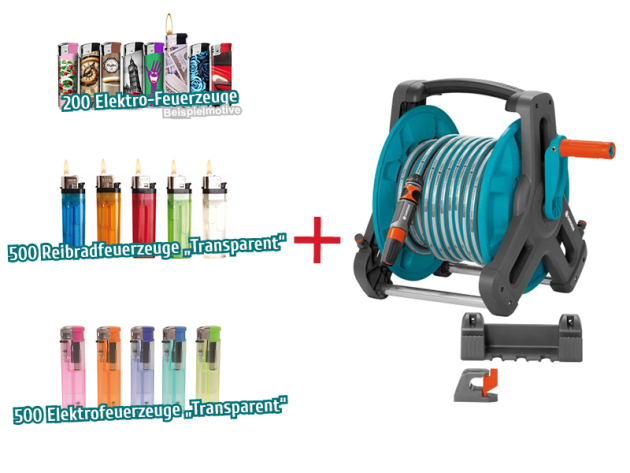 Aktion 1200 Feuerzeuge + Gardena Classic Wand-Schlauchtrommel