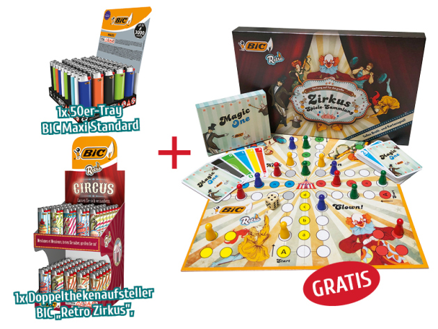 BIC Paket - Retro Zirkus - 150 Feuerzeuge + BIC® Spieleset GRATIS