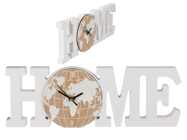 Holz-Uhr "HOME" weiß  mit Weltkartenmotiv und  Quarzwerk