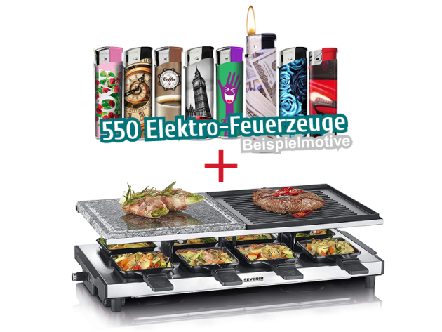 Aktion 550 Feuerzeuege + SEVERIN Raclette-Grill mit Naturgrillstein und Grillplatte