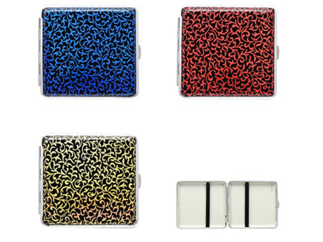 Zigarettenetui "Flower" Metall, für 18 Zig., mit Gummiband, 6er Display