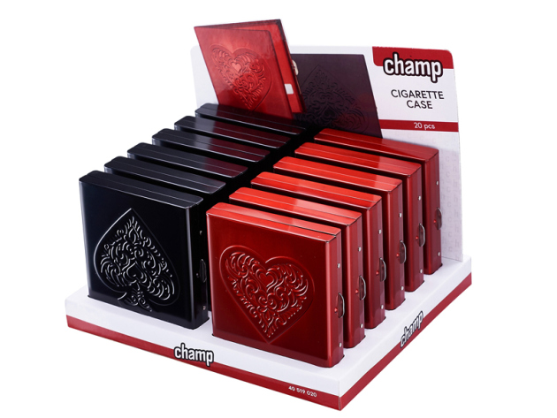 Zigarettenetui "Herz/Pik" für 20 Zig. mit Spange, 12er Display