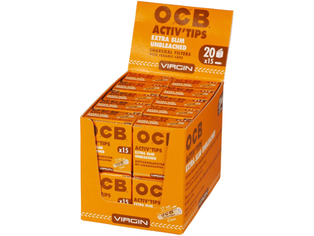 OCB Filter Slim Activ Tips Unbleached - Virgin Aktivkohle Keramikkappen, 6mm, 20 x 15 Stück