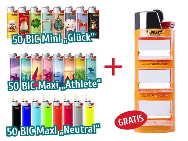BIC Mini "Glück" + Maxi "Athlete" + Maxi "Neutral" + Feuerzeugaufsteller BIC GRATIS