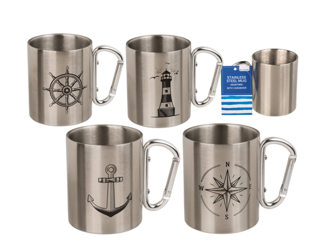 Edelstahlbecher mit Karabiner, Maritim, ca.7,5 x 9 cm. doppelwandig, 4-fach sortiert; einzeln
