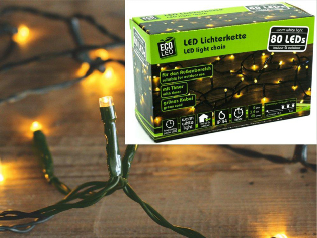 Outdoor Lichterkette 80 LED, grünes Kabel m.Timer, UVP: 14,99 Euro