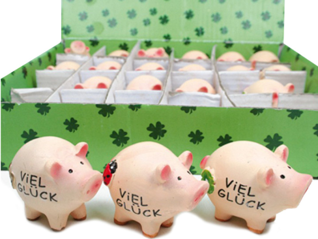 Glücksbringer - Schwein "Viel Glück" 5 x 4 cm, 4-fach sortiert, 24er Display