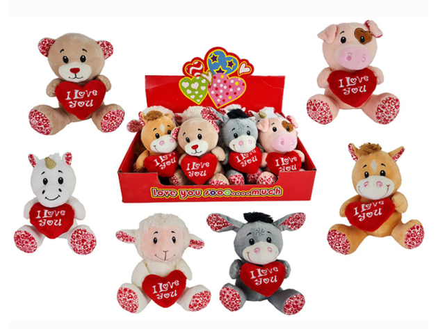 Plüsch Tiersortiment mit Herz, ca. 15 cm Höhe; 6-fach sortiert, 8er Display