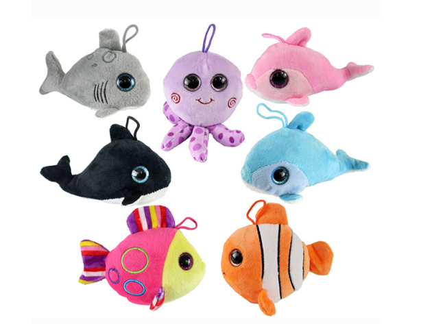 Plüsch Meerestiere mit Glitzeraugen, ca. 14-17 cm Höhe; 7-fach sortiert,  14 Stück