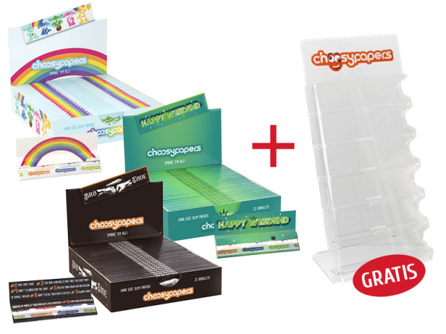 3 Displays Choosypapers "Bunnys", "Happy Weedend", "Bro Code" + Acryl Display (rechts)