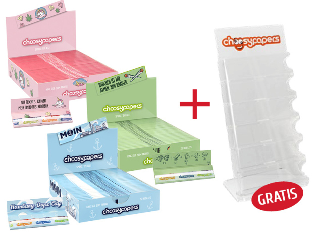 3 Displays Choosypapers "Unicorn",  "Moin Hamburg", "Rauchen ist wie Atmen" + Acryl Display (rechts)