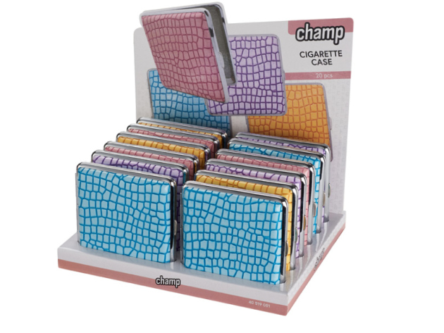 Zigarettenetui "Croc" für 20 Zig., mit Gummiband, 4-fach sortiert, 12er Display