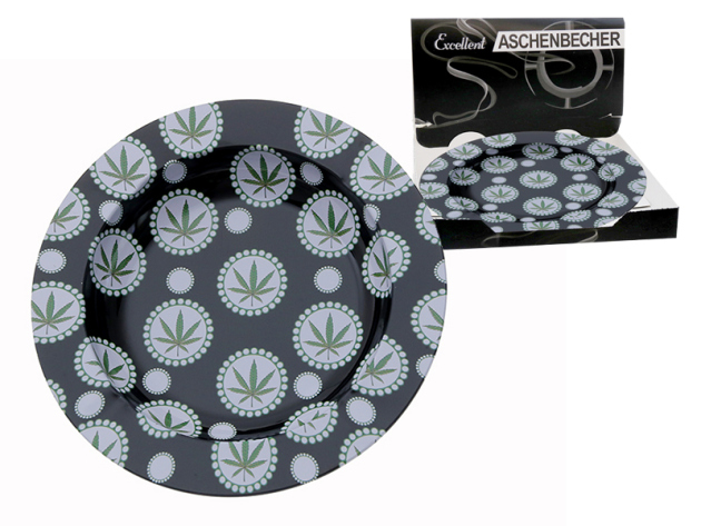 Aschenbecher "Hanfblätter" schwarz/weiß- grün aus Metall, Ø ca. 14 cm