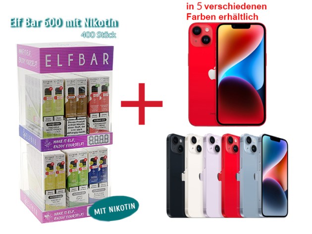 Aktion IPhone 14  - 256 GB Red + 400x ELFBAR 600 mit Nikotin & Leerdisplay