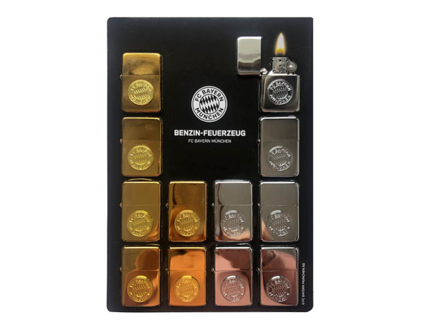 Benzinfeuerzeuge "FC Bayern München" Chrom & Gold, 3-fach sortiert, 12er Display